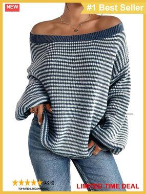 Oversized Striped Pullover Sweater Off Shoulder Long Sleeve Loose Knit